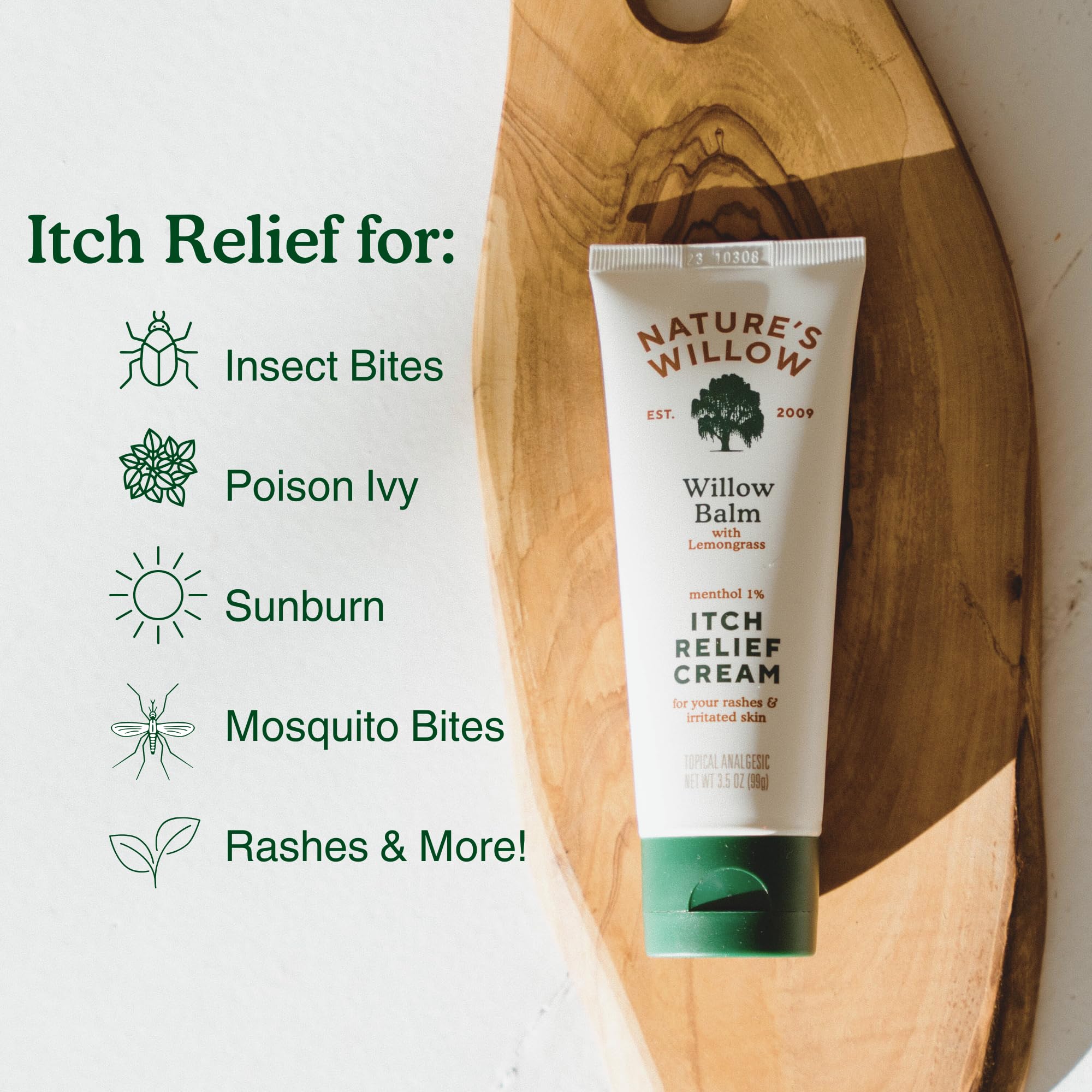 Nature's Willow Itch Relief Lotion ingredients close-up featuring willow bark and essential oils.