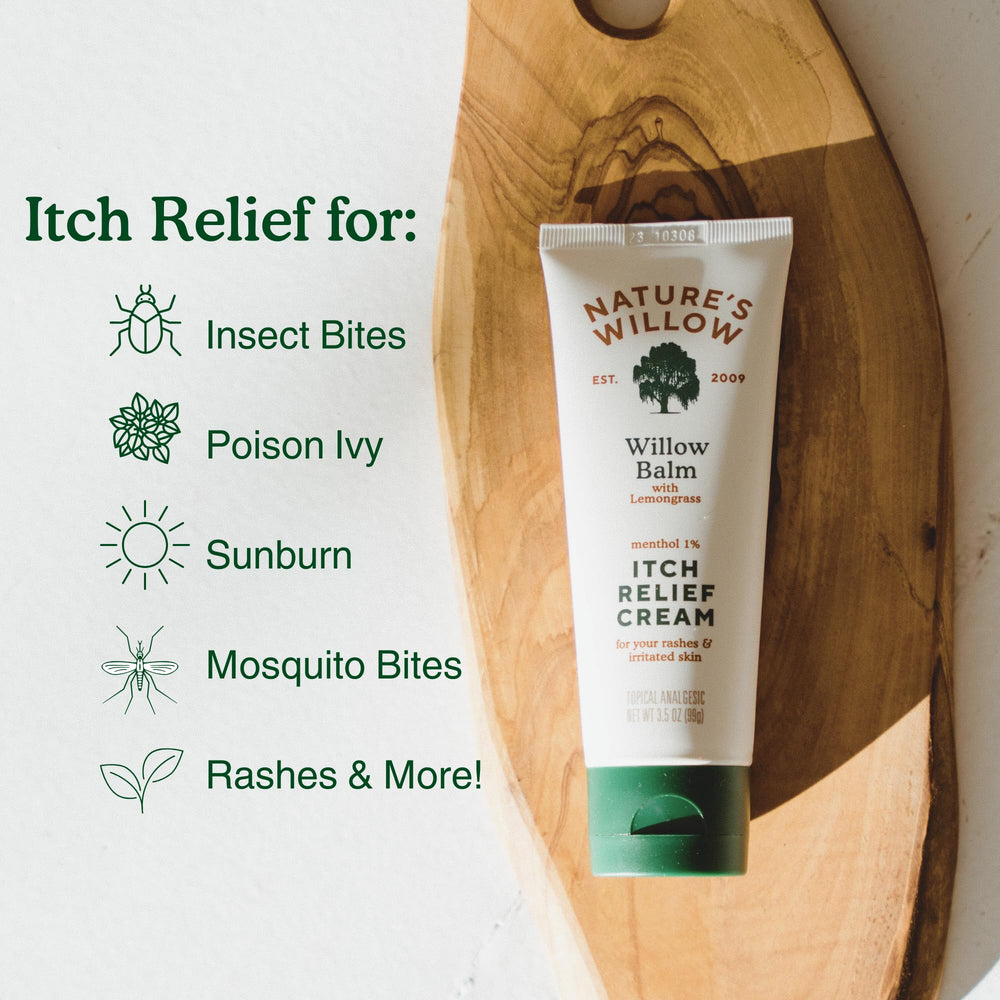 Nature's Willow Itch Relief Lotion ingredients close-up featuring willow bark and essential oils.