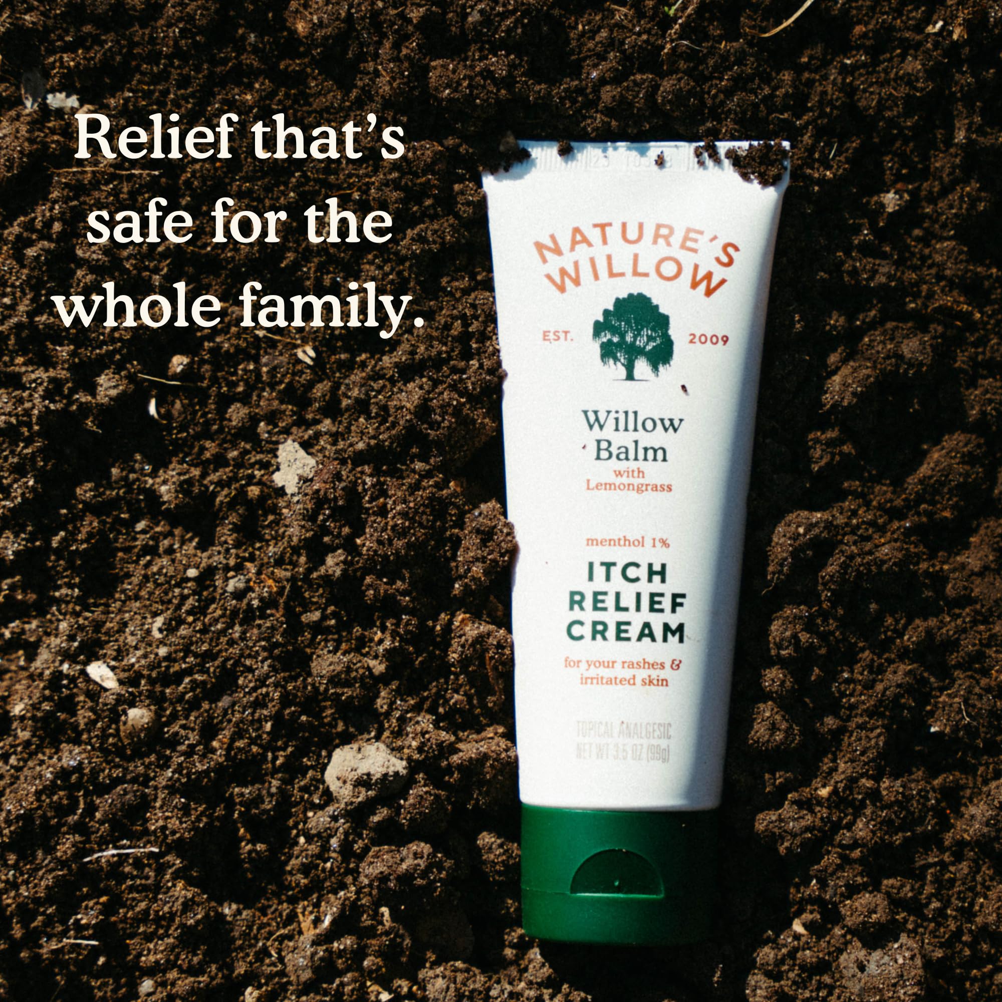 Nature's Willow Itch Relief Lotion packaging highlighting non-toxic and fragrance-free design.