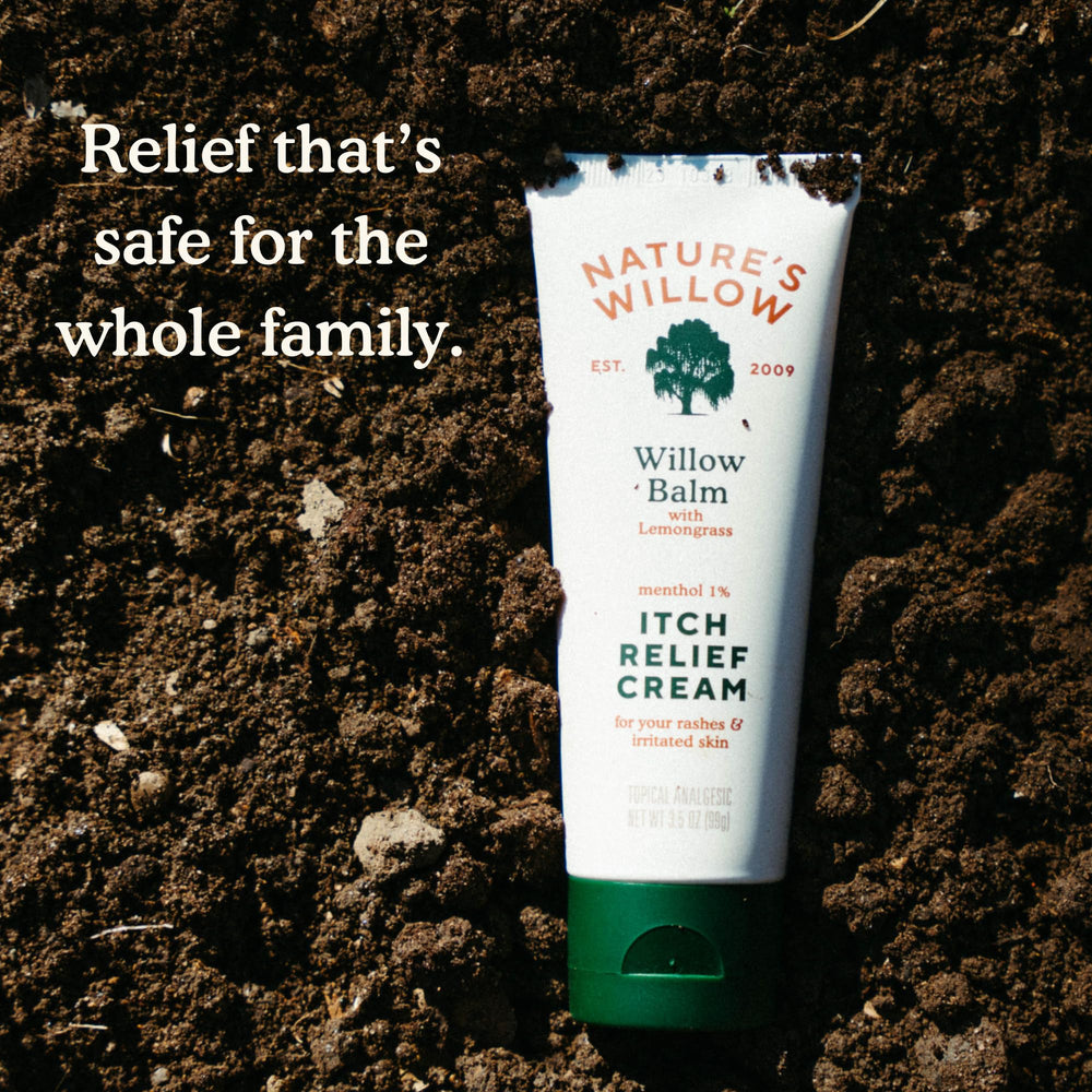 Nature's Willow Itch Relief Lotion packaging highlighting non-toxic and fragrance-free design.