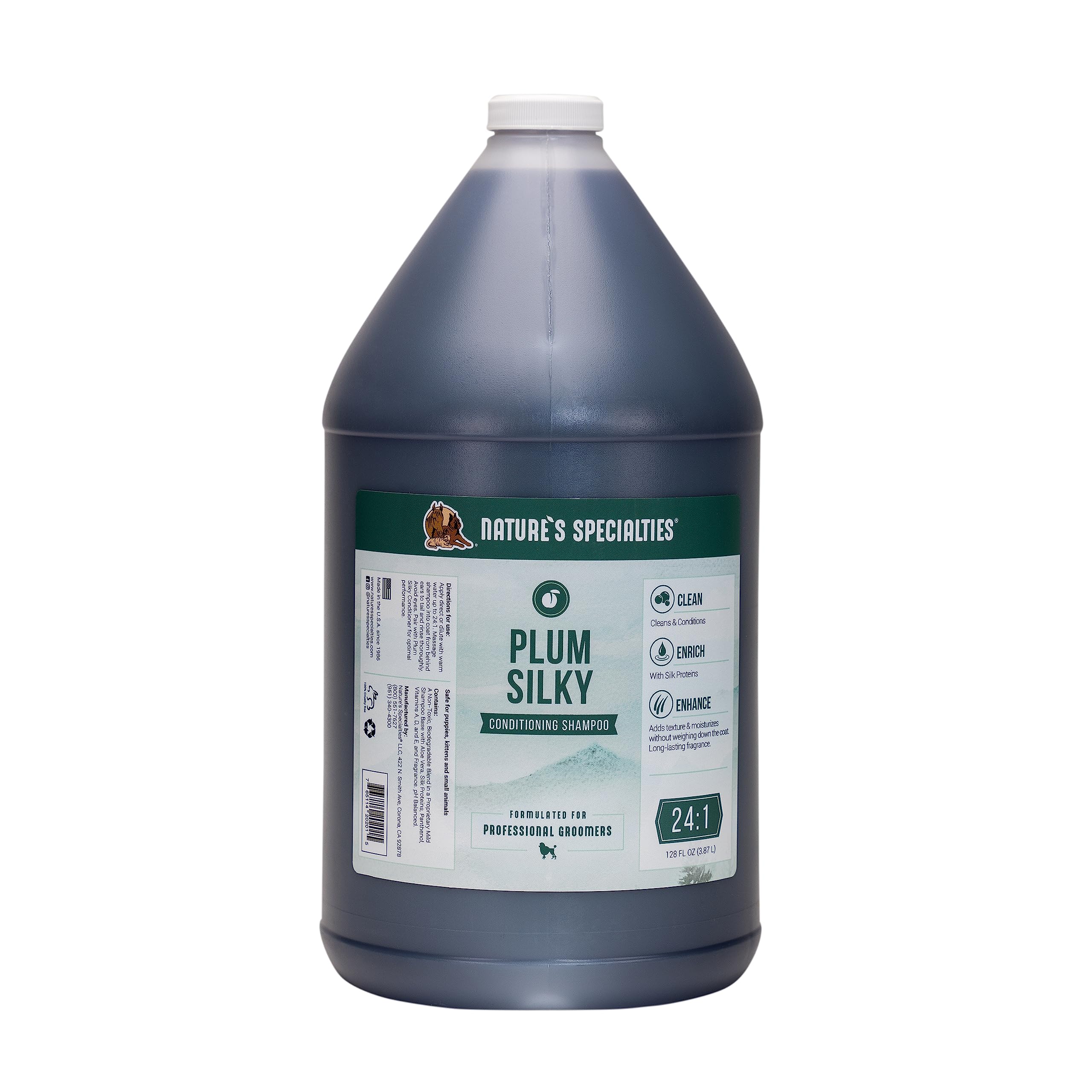 Nature's Specialties Plum Silky bottle demonstrates ultra-concentrated formula for 24 gallons.
