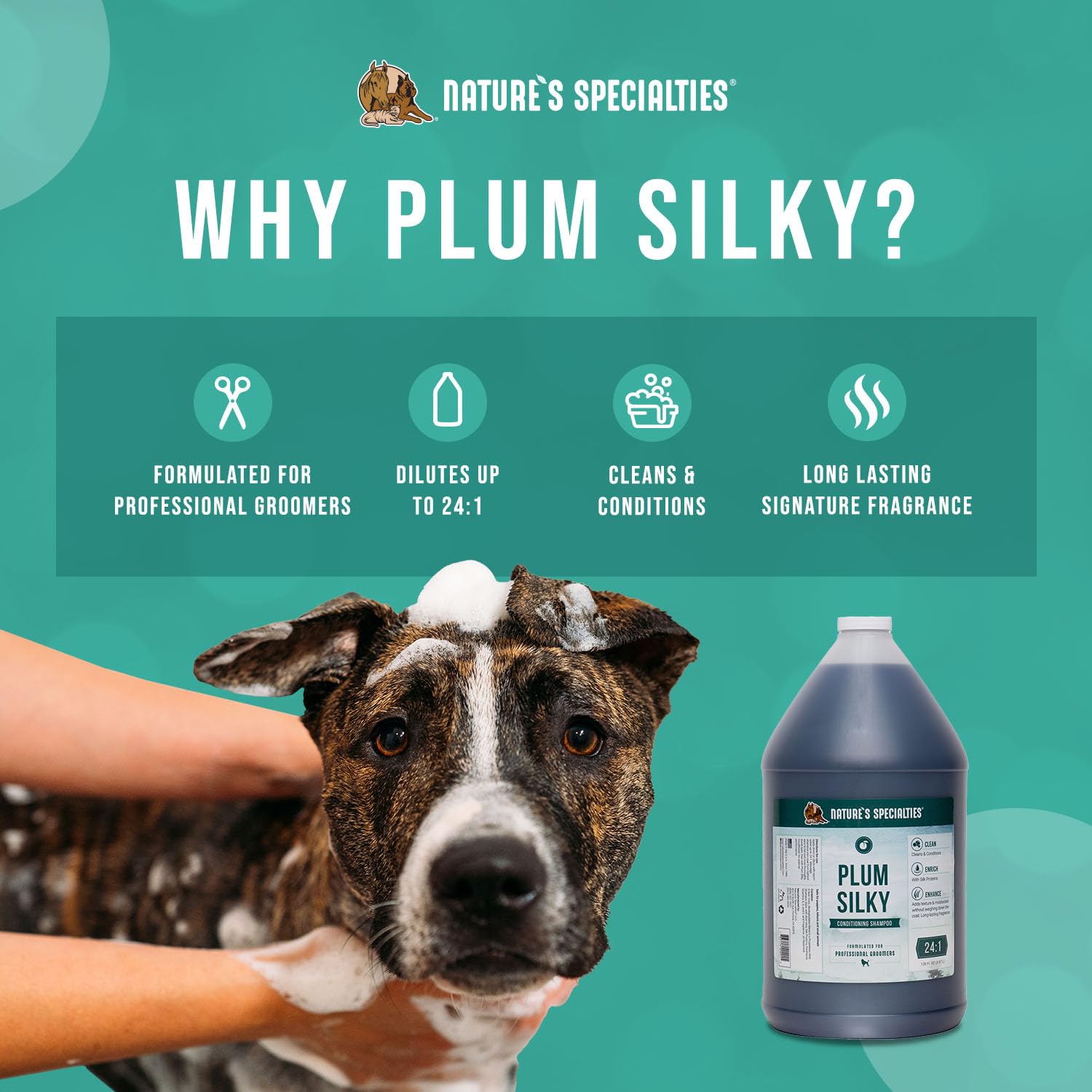 Nature's Specialties Plum Silky foam highlights mild conditioning during baths.