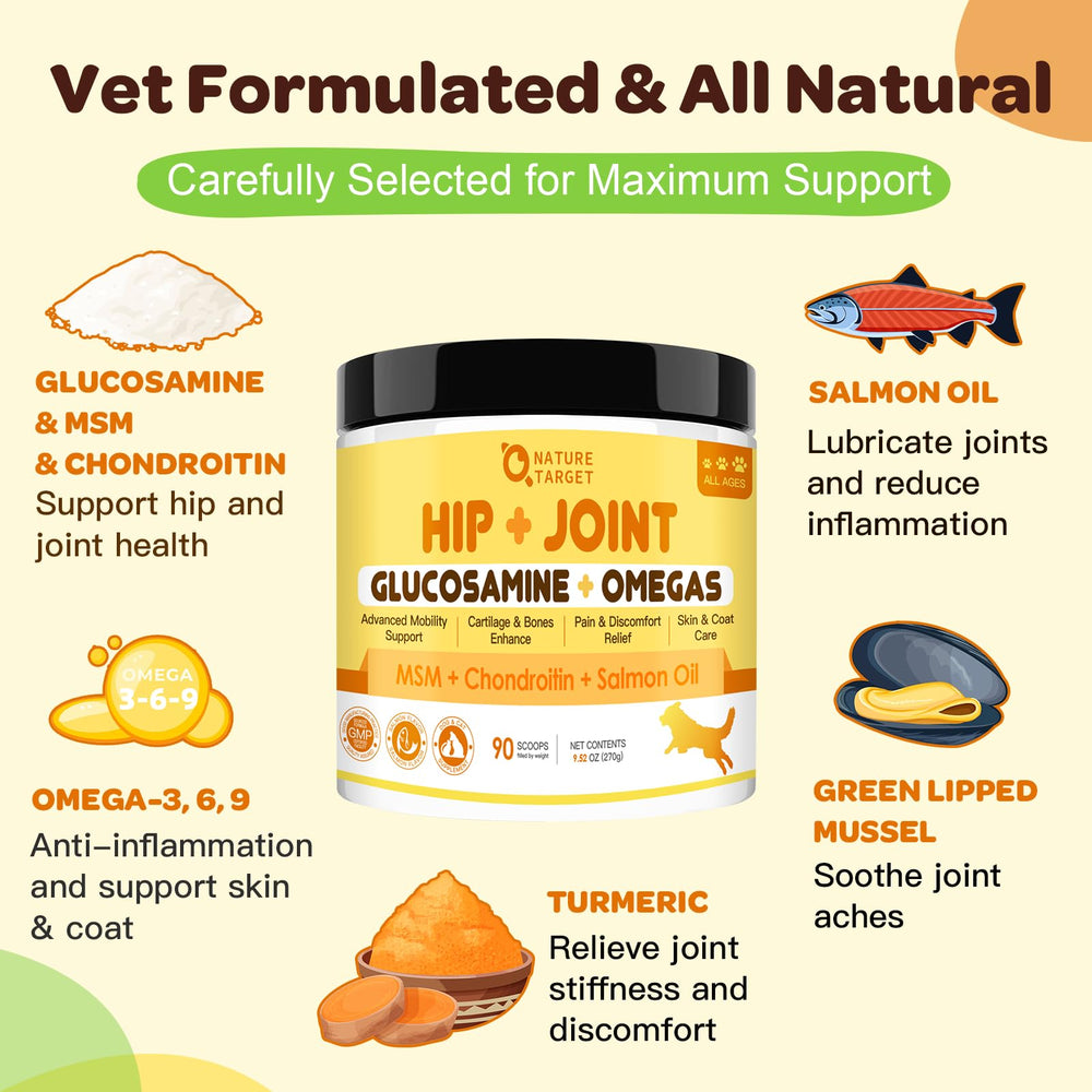Nature Target dog joint supplement powder with scoop easy dosage customization