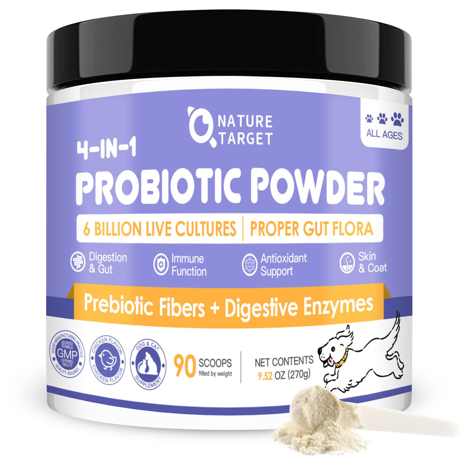 Nature Target dog probiotics jar closeup illustrating the 6B CFU gut-support formula