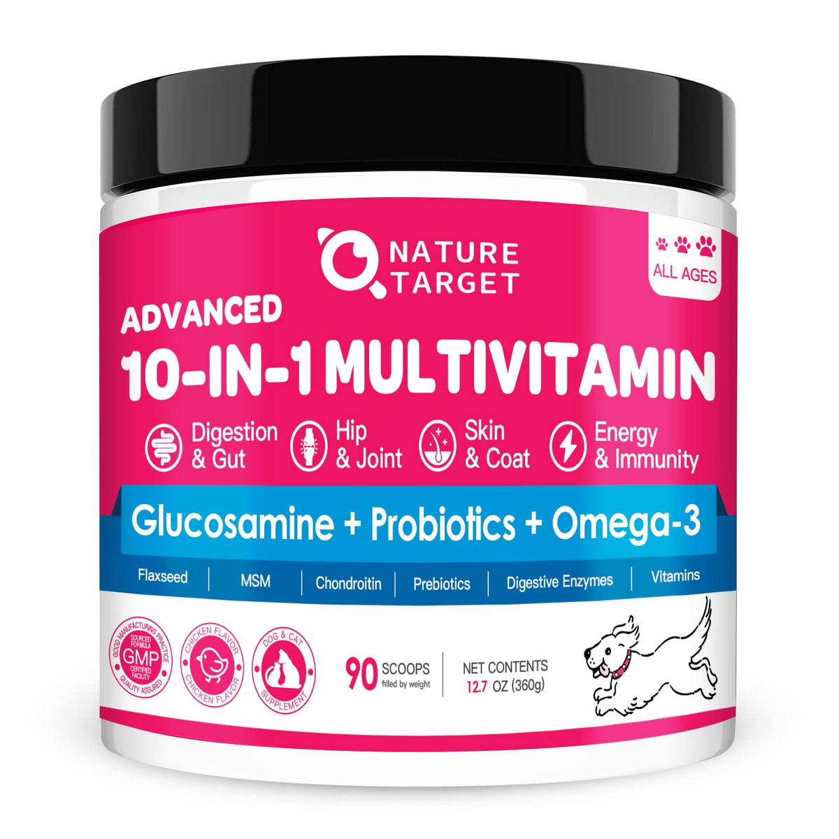 Nature Target dog vitamins powder bottle label shows 10-in-1 support for gut and joints