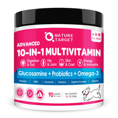 Nature Target dog vitamins powder bottle label shows 10-in-1 support for gut and joints