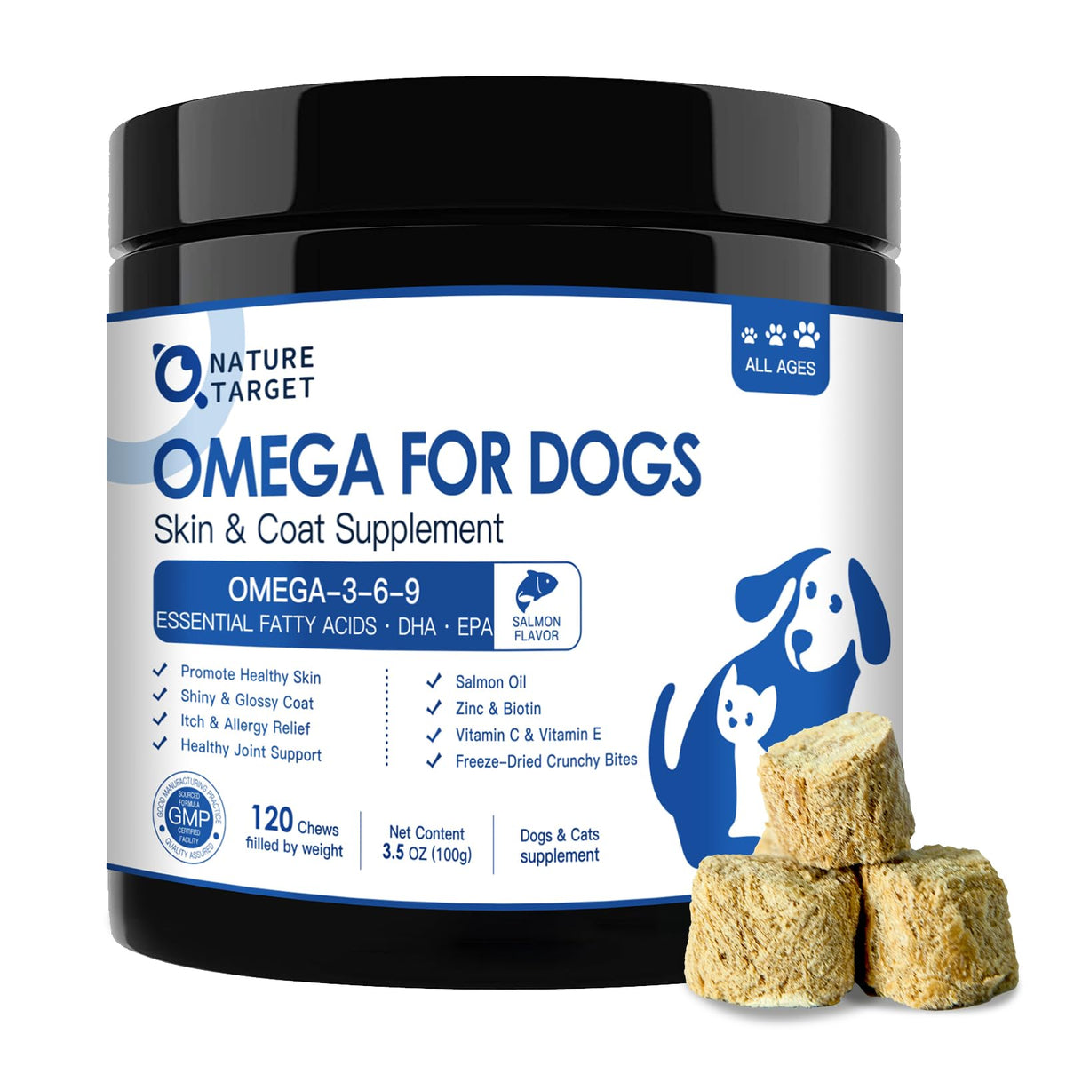 Nature Target Omega3 dogs bottle shows premium salmon oil for healthier coat