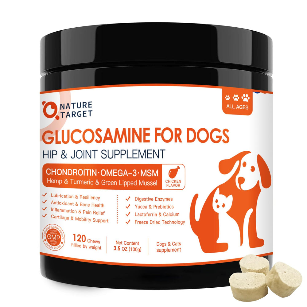 Nature Target dog joint supplement packaging highlighting glucosamine support for mobility.