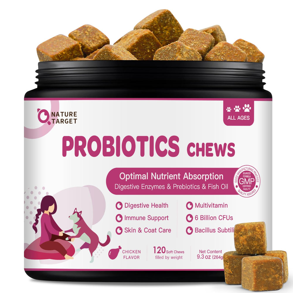 Nature Target Probiotics for Dogs bottle front shows chicken-flavored chews for digestive support