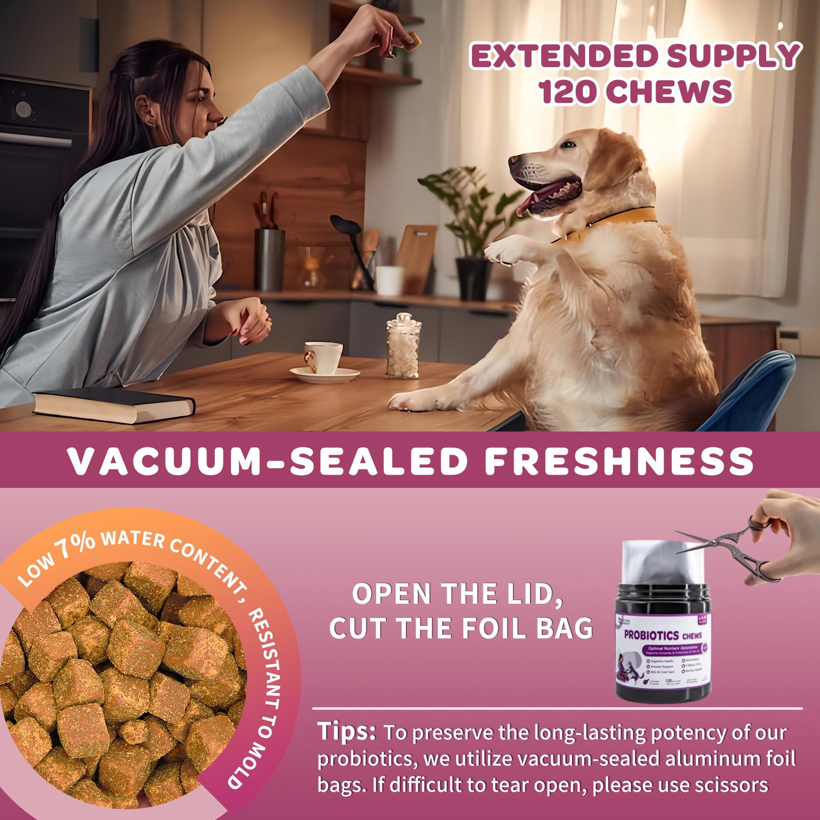 Close-up of Nature Target chicken-flavored probiotic chews with soft texture for picky dogs