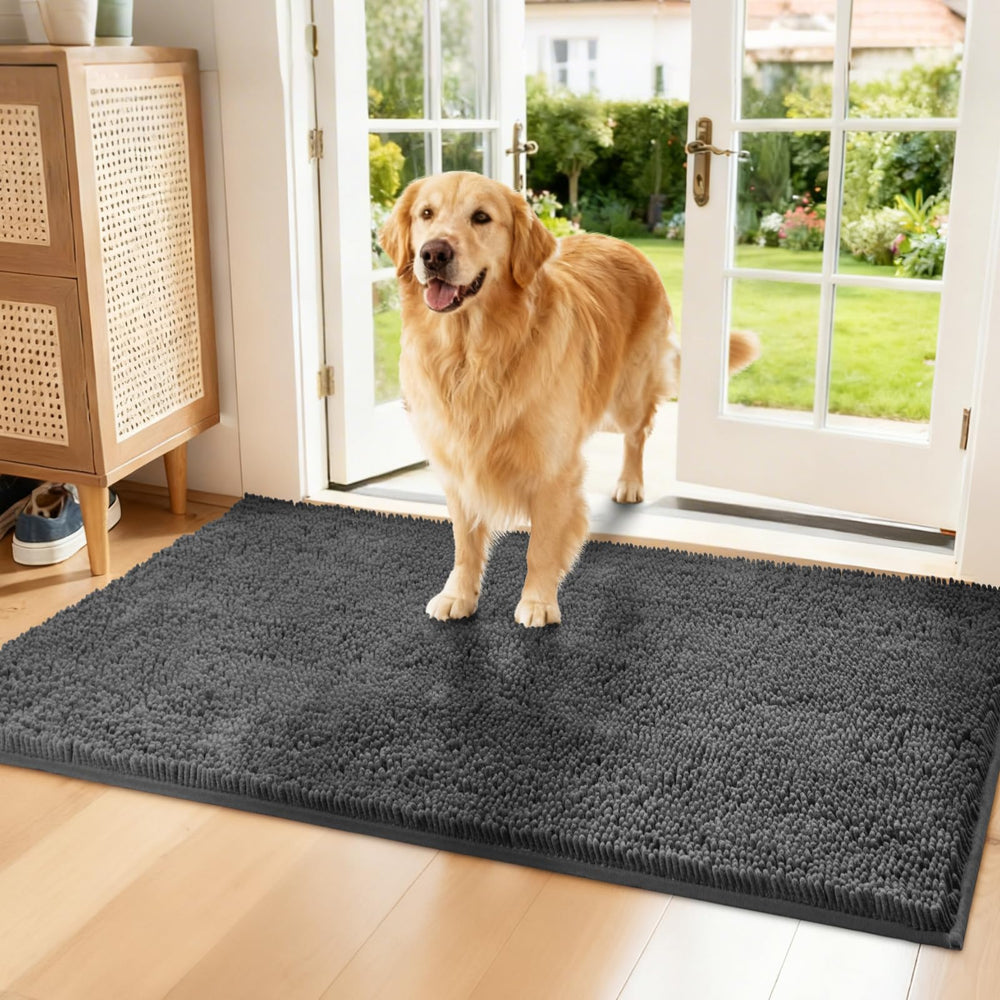 Naturei chenille front-door mat close-up in gray showing soft texture and dirt-trapping