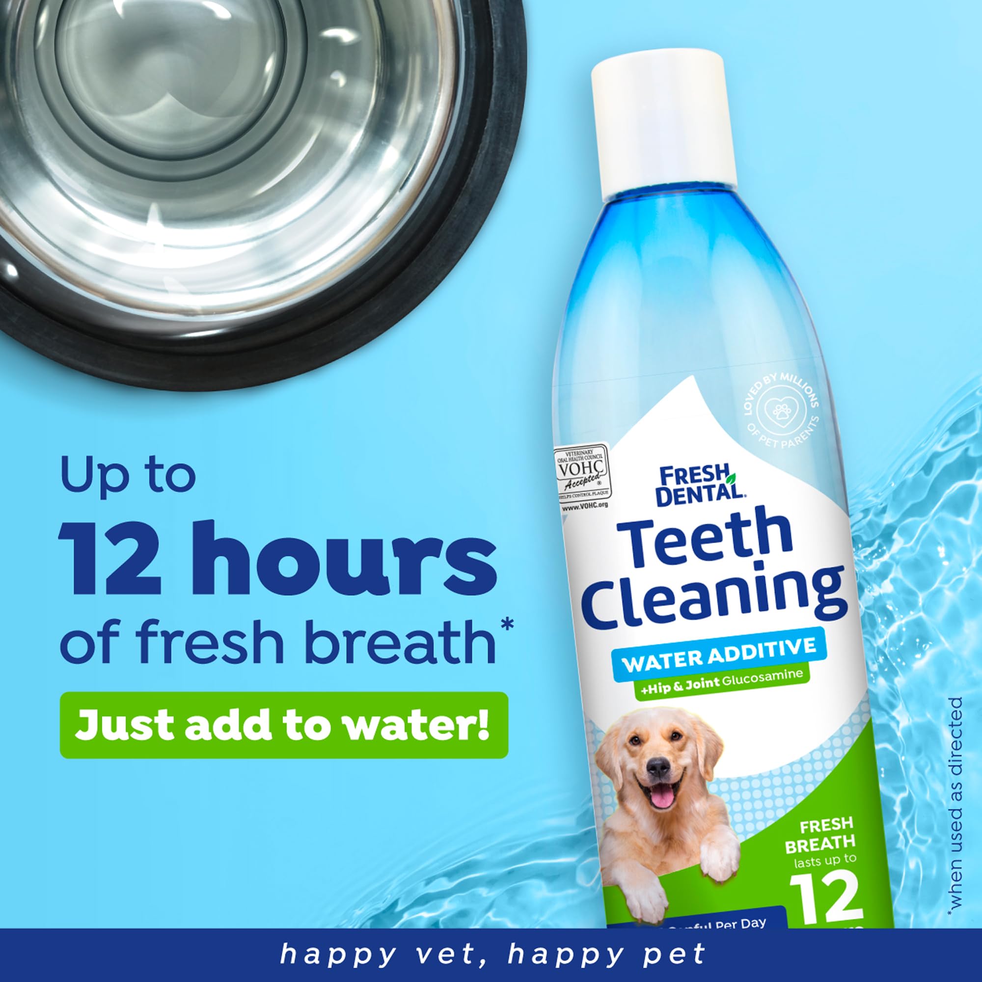 Naturel Promise dog drinking water with additive demonstrates effortless breath freshness.