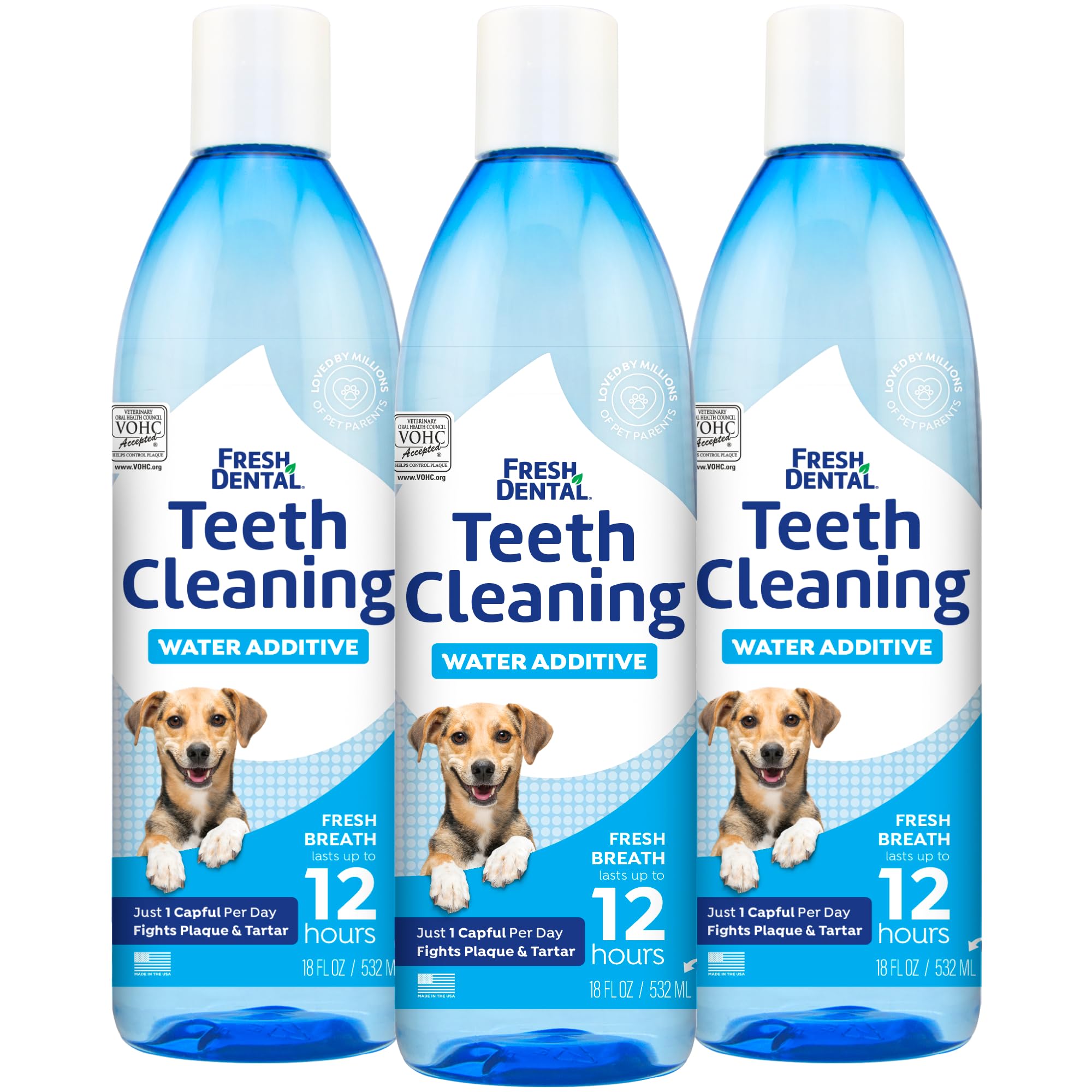 Naturel Promise Fresh Dental water additive poured into a dog's bowl for easy daily use