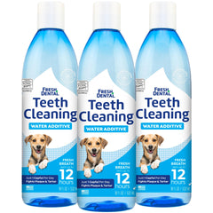 Naturel Promise Fresh Dental water additive poured into a dog's bowl for easy daily use