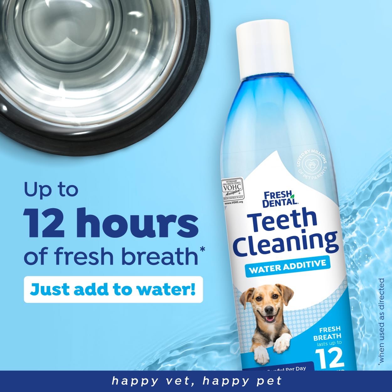 Naturel Promise Fresh Dental bottle shown with a dog, emphasizing no brushing required
