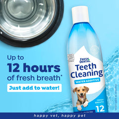 Naturel Promise Fresh Dental bottle shown with a dog, emphasizing no brushing required