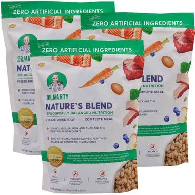Nature's Blend Dr. Marty freeze-dried dog food packaging—protein-rich meal option for dogs.
