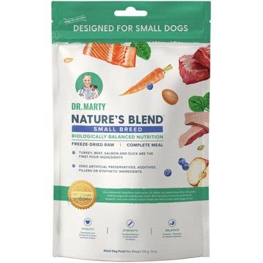 Nature's Blend Dr Marty Seafood Small Breed Freeze-Dried Dog Food packaging—easy feeding option