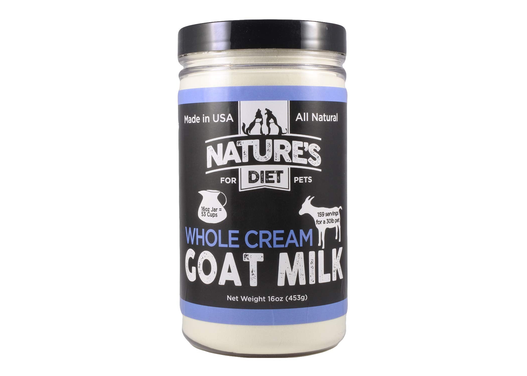 Nature's Diet goat milk powder bag open showing convenient nutrient-dense supplement for pets.
