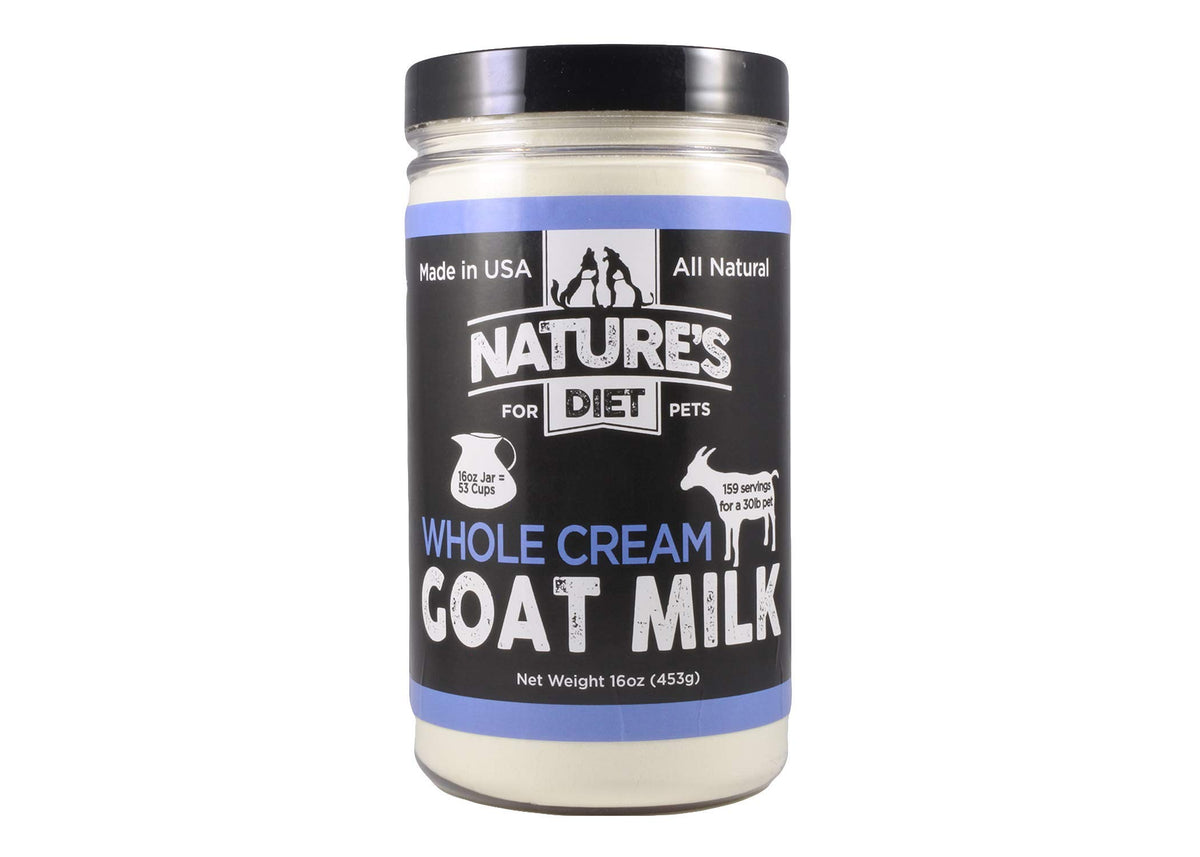 Nature's Diet goat milk powder bag open showing convenient nutrient-dense supplement for pets.