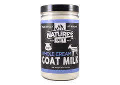 Nature's Diet goat milk powder bag open showing convenient nutrient-dense supplement for pets.
