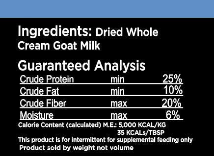 Nature's Diet goat milk powder poured over food demonstrates versatile dry meal topper.