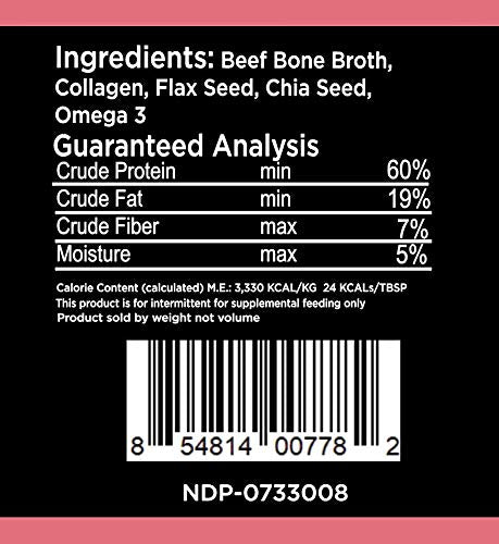 Nature's Diet bone broth powder label closeup showing human-grade ingredients for pets.