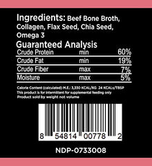 Nature's Diet bone broth powder label closeup showing human-grade ingredients for pets.