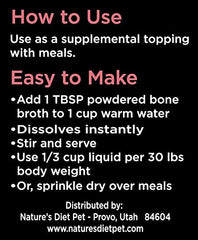 Nature's Diet bone broth powder scoop illustrating precise measuring for 60 servings.