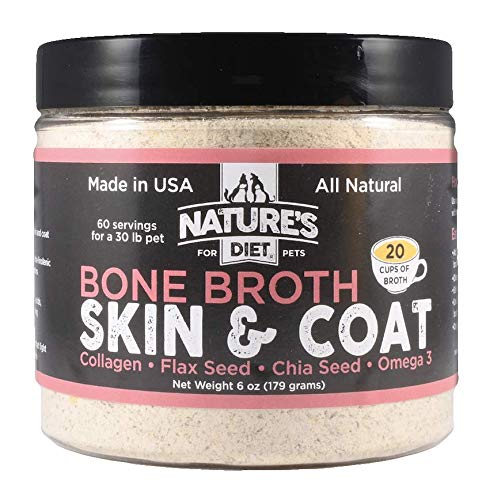 Nature's Diet bone broth powder tub for convenient daily feeding and digestion-friendly nutrition.