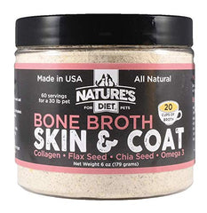 Nature's Diet bone broth powder tub for convenient daily feeding and digestion-friendly nutrition.