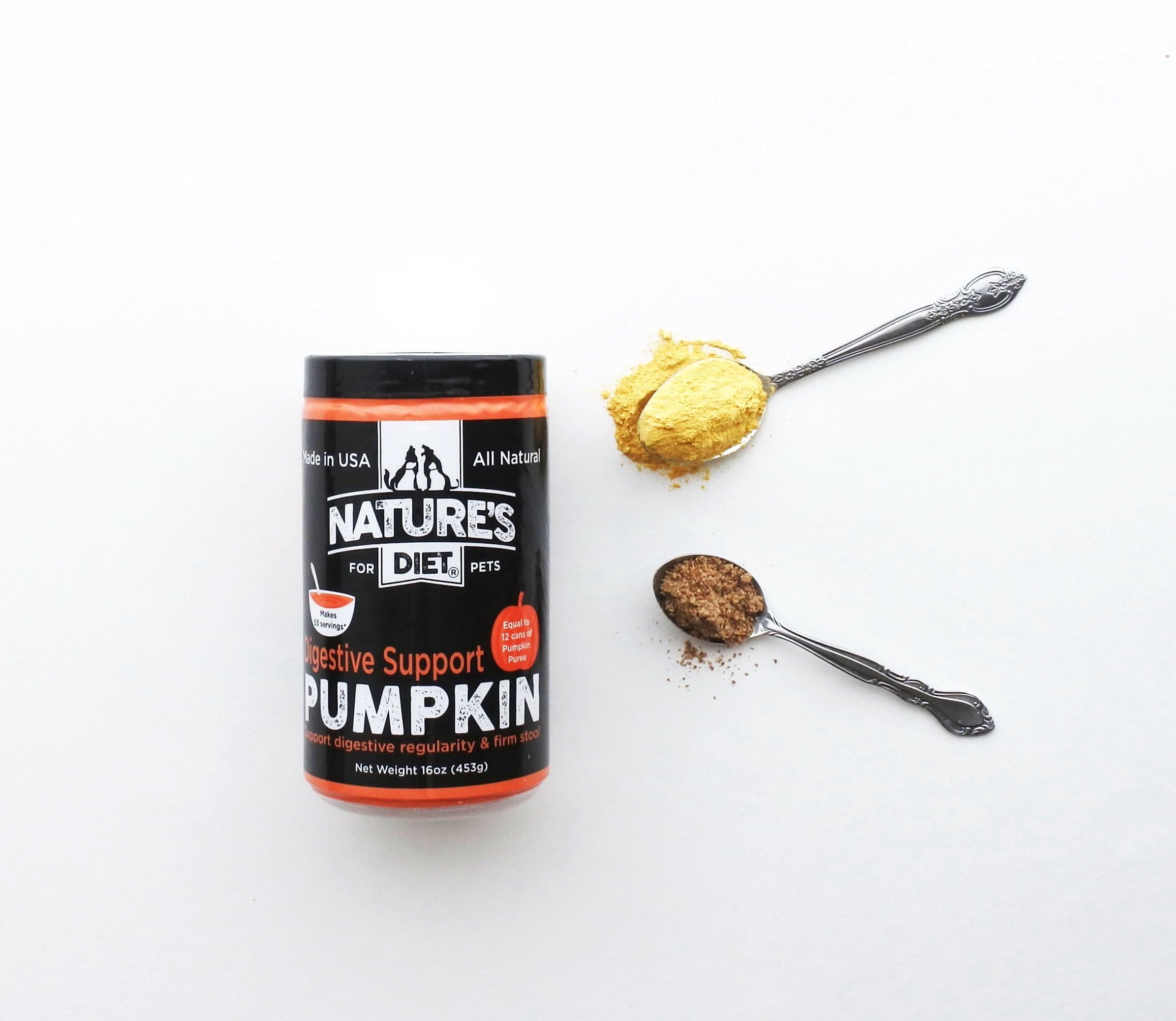 Nature's Diet pumpkin powder ingredient list highlights whole pumpkin and apple fiber