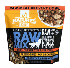 Nature's Diet Raw Mix kibble close-up with freeze-dried chicken bites for protein-rich texture