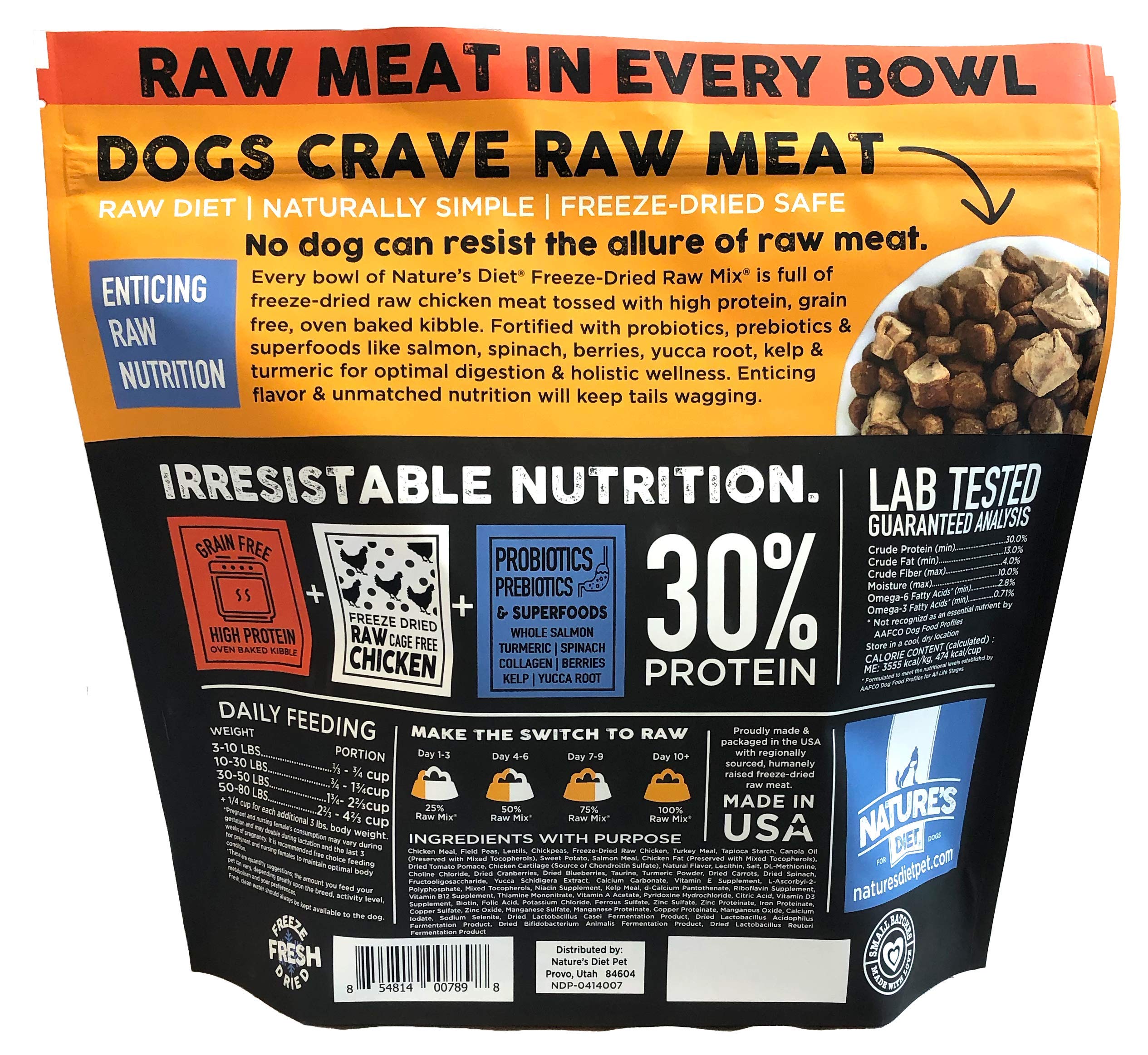 Nature's Diet Raw Mix kibble showing freeze-dried chicken pieces with real chicken meat