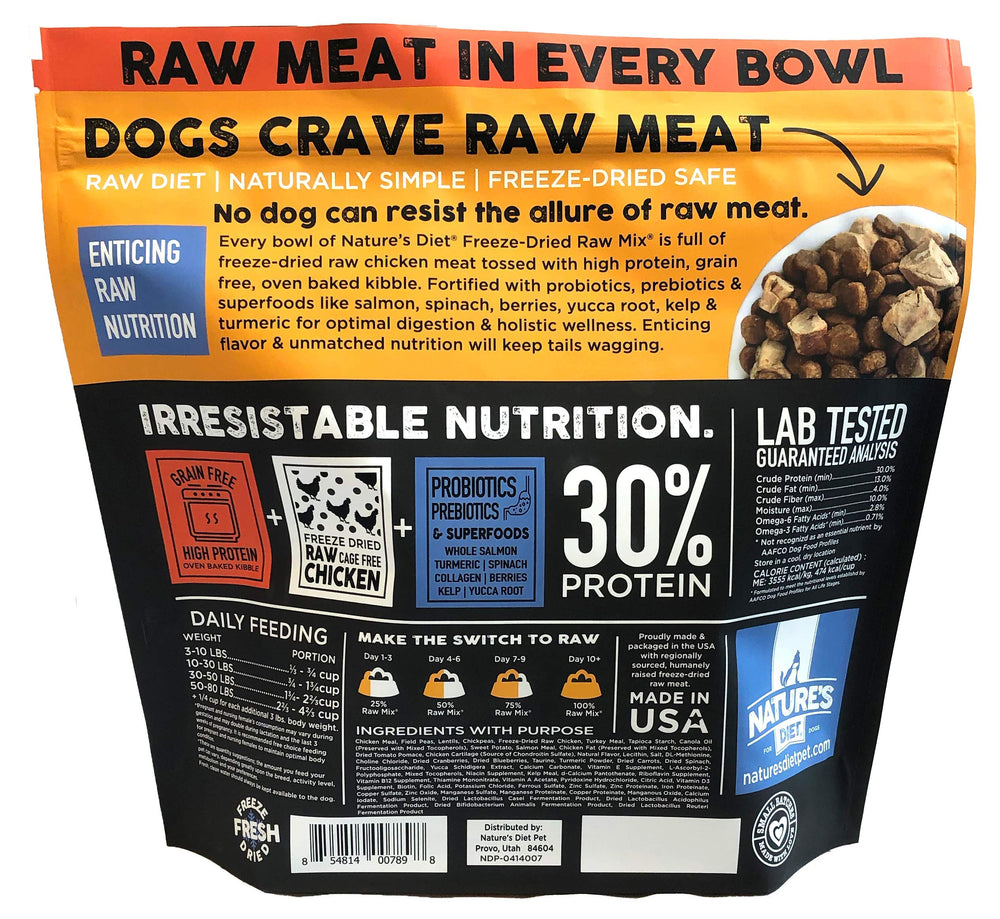 Nature's Diet Raw Mix kibble showing freeze-dried chicken pieces with real chicken meat