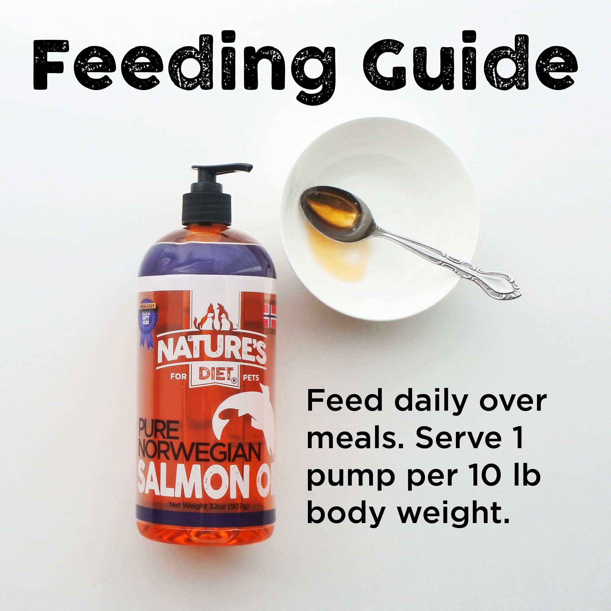Nature's Diet salmon oil bottle shows natural orange color.