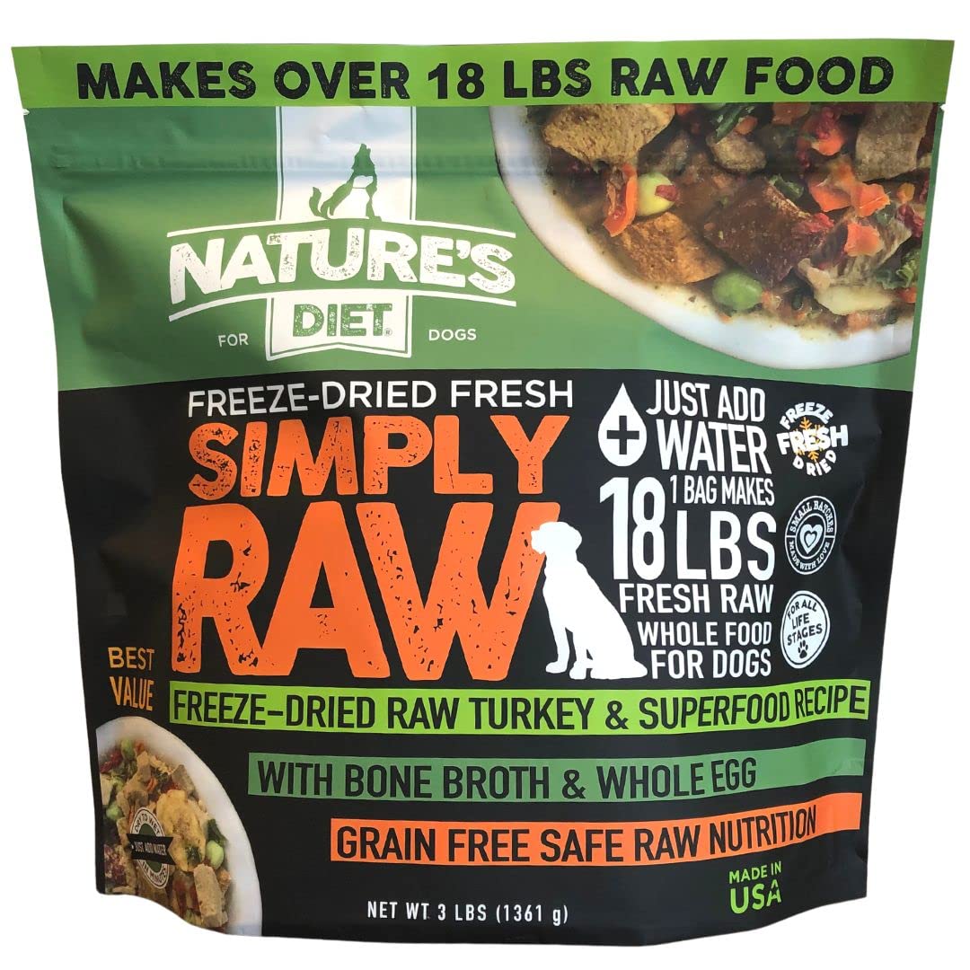 Nature's Diet Simply Raw bag label shows turkey formula for convenient feeding.