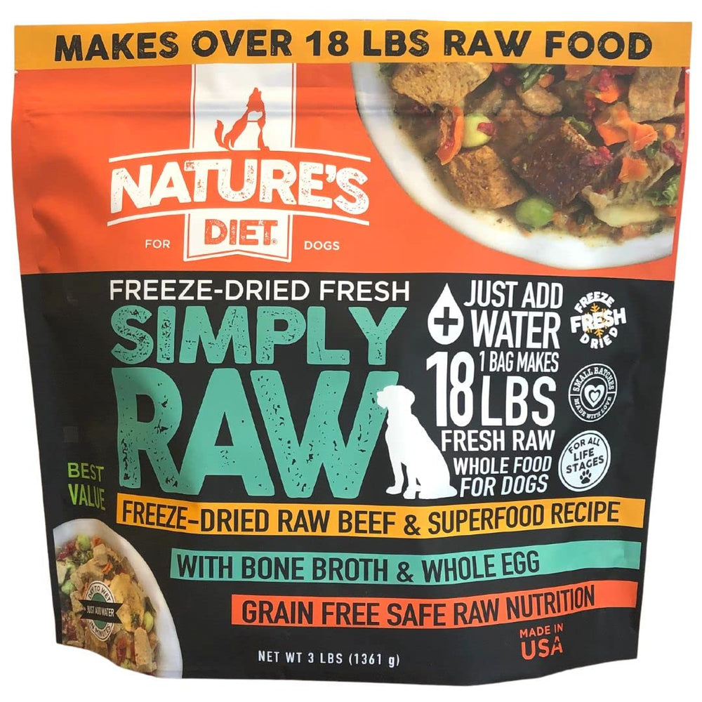 Nature's Diet Simply Raw beef meal bag closeup highlights real ingredients and shelf-stable convenience.