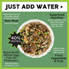 Nature's Diet Simply Raw ingredients closeup highlights real meat and superfoods.