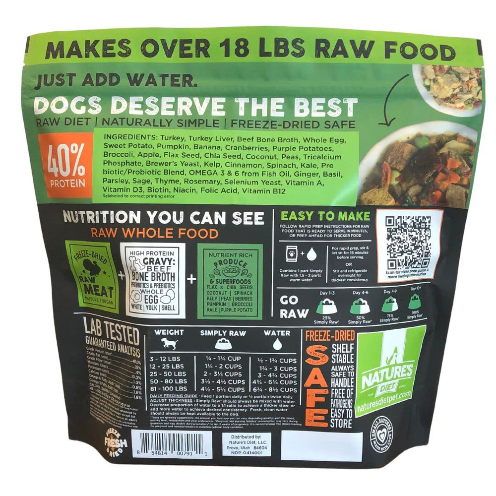 Nature's Diet Simply Raw serving bowl shows rehydrated meal ready to serve.