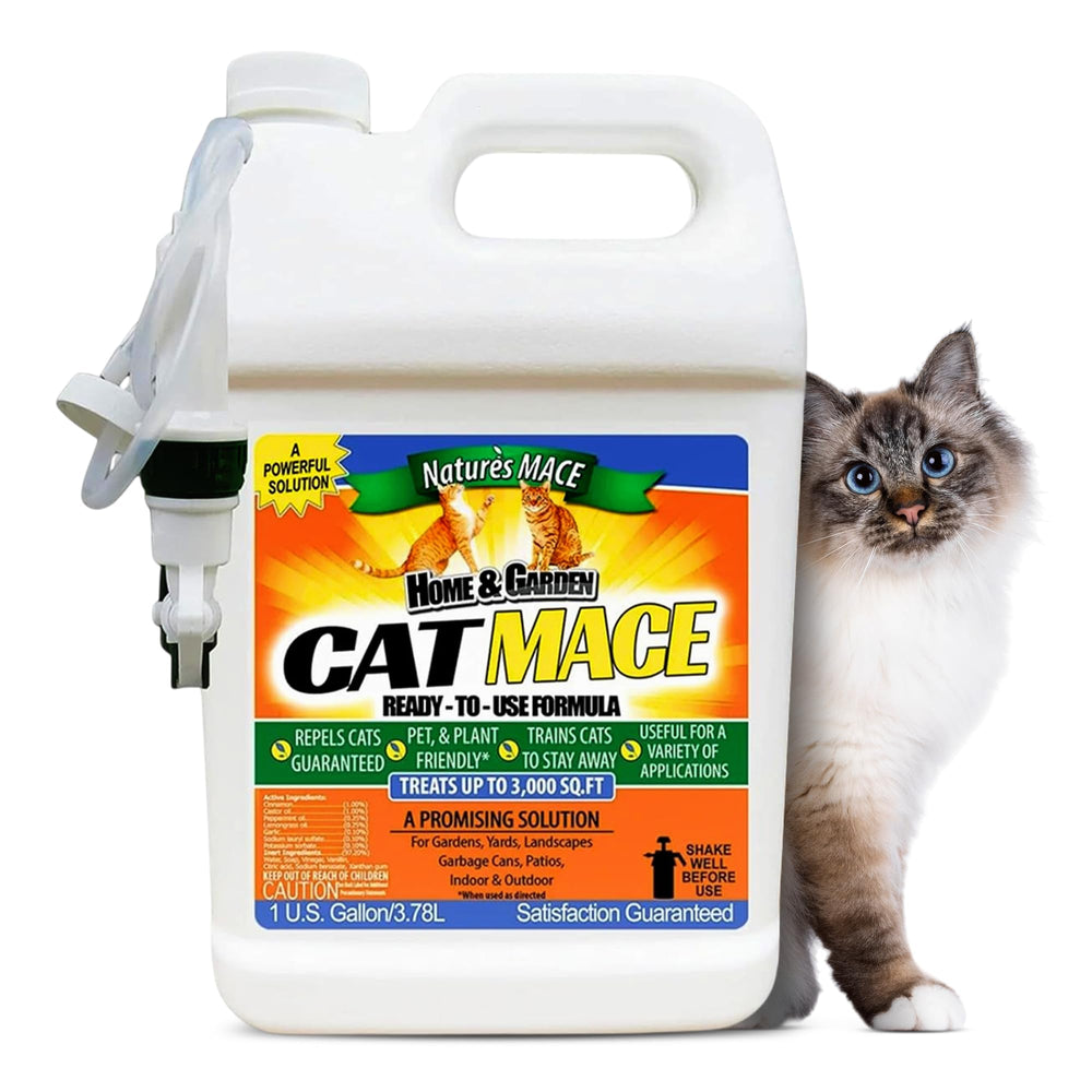 Nature's MACE cat deterrent spray bottle guarding outdoor garden spaces