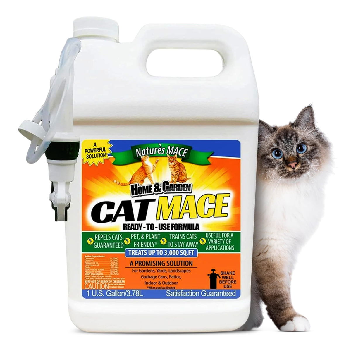 Nature's MACE cat deterrent spray bottle guarding outdoor garden spaces