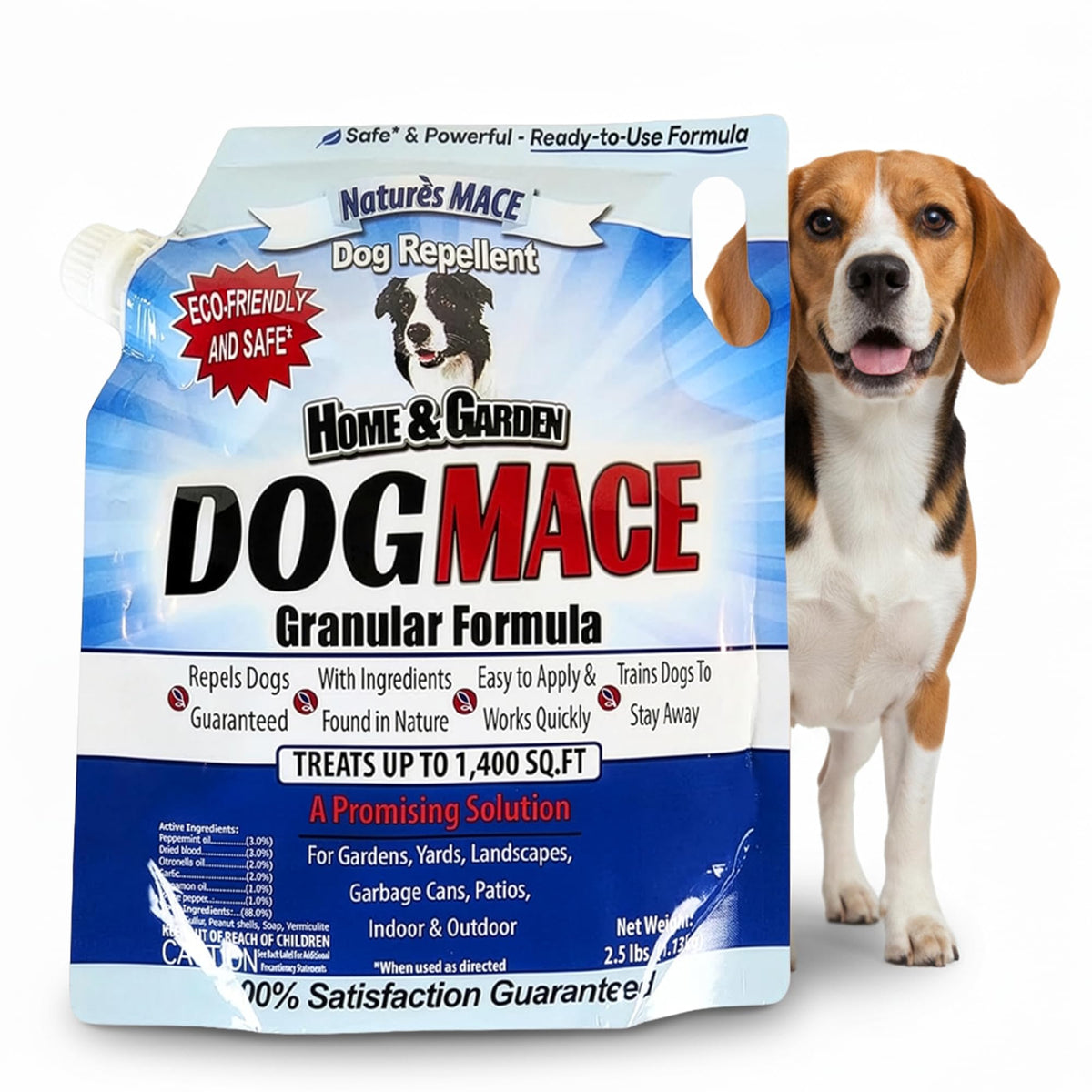 Nature's MACE granular dog repellent granules in bag deter dogs from lawns and flower beds.