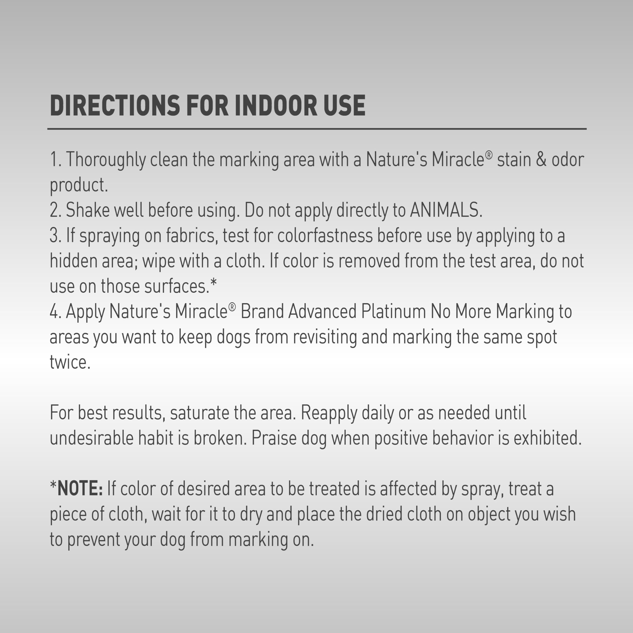Nature’s Miracle Advanced Platinum No More Marking treated area—essential oil-based deterrent to discourage revisiting.