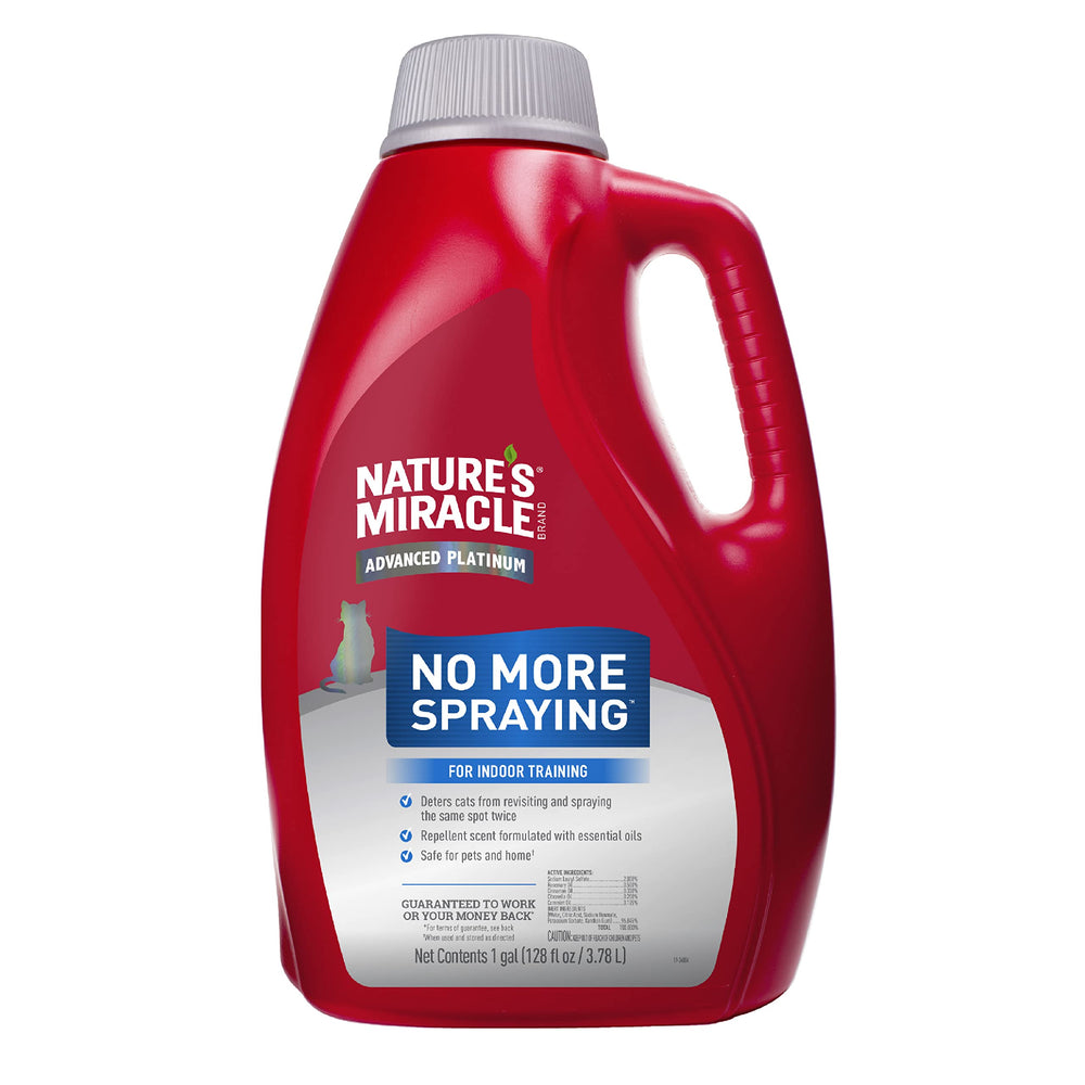 Nature’s Miracle Advanced Platinum No More Spraying bottle promotes indoor training by deterring repeat spraying