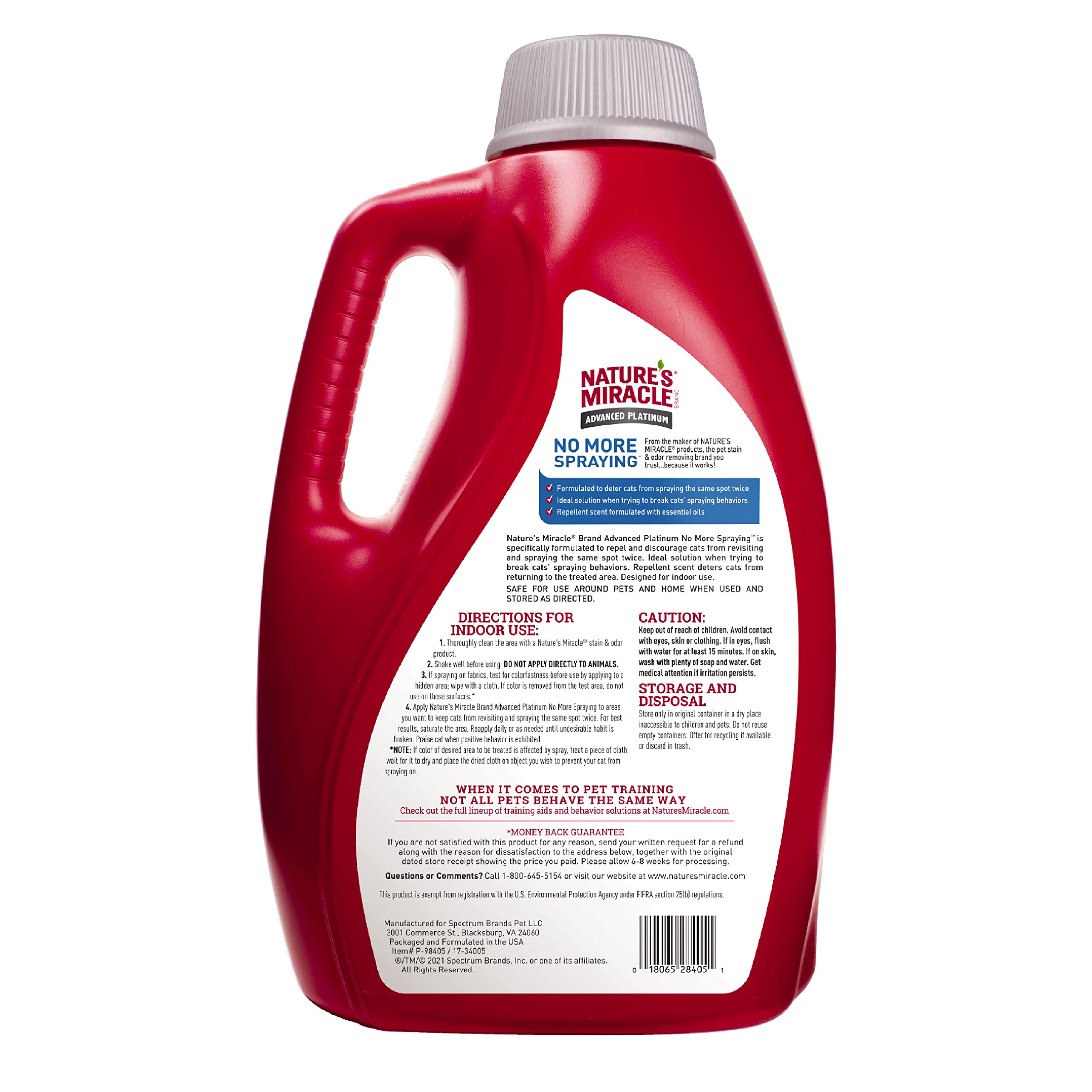 Nature’s Miracle Advanced Platinum No More Spraying label highlights essential oils scent for repellent effect