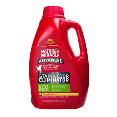 Nature's Miracle Advanced Stain Odor Eliminator bottle for tough pet mess cleanup on carpets and fabrics.