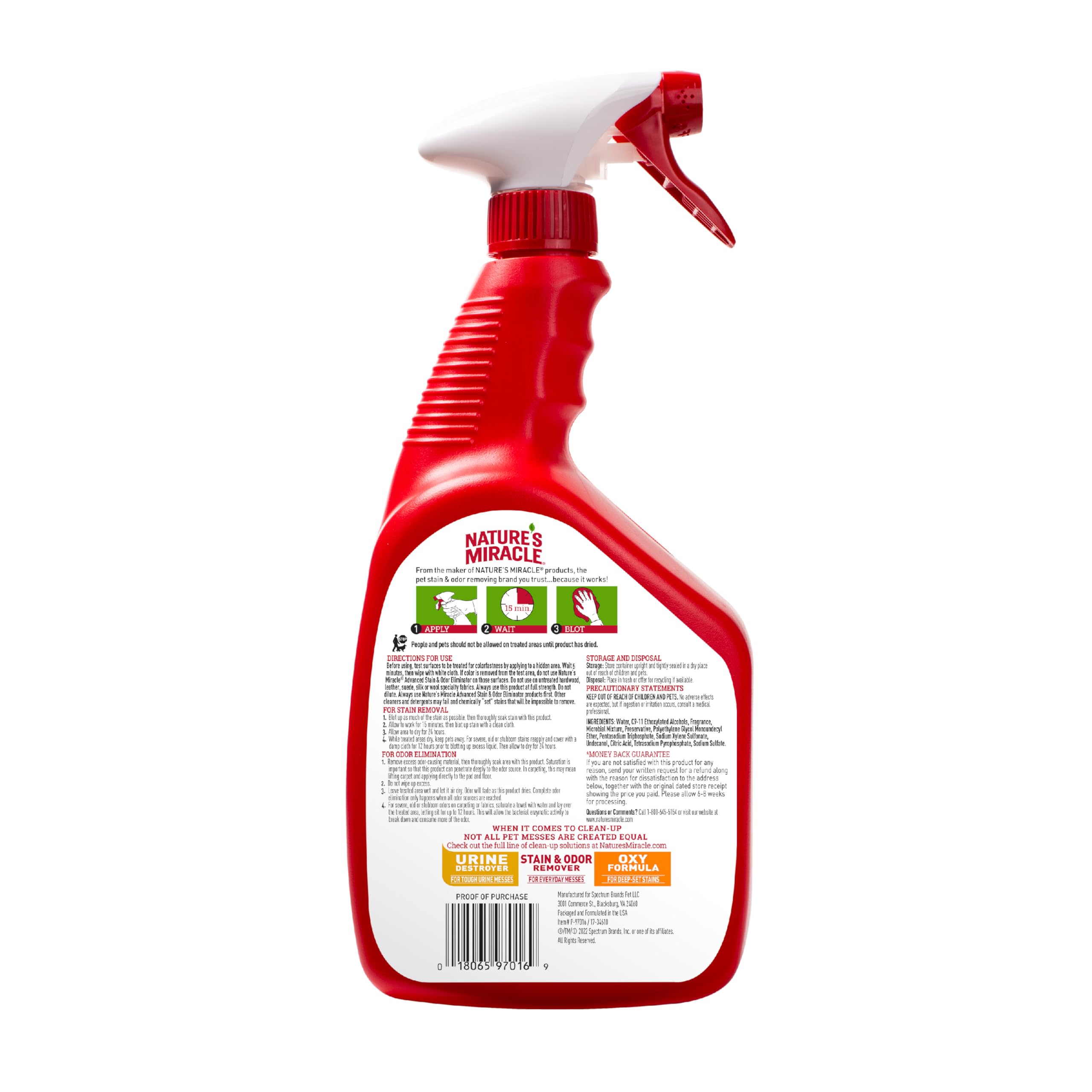 Nature’s Miracle spray close-up highlighting enzymatic cleaning for tough pet messes.