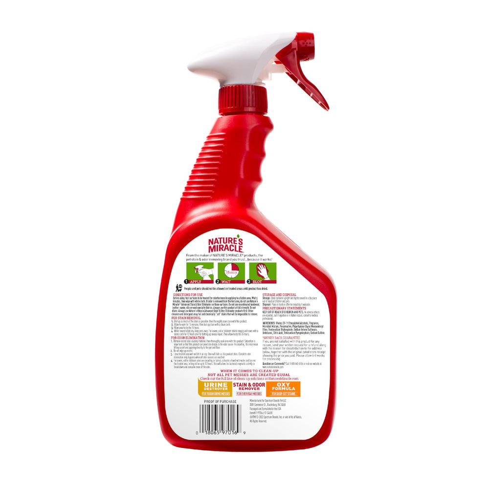 Nature’s Miracle spray close-up highlighting enzymatic cleaning for tough pet messes.