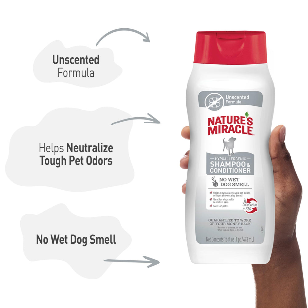 Nature's Miracle grooming routine includes lathering, rinsing, and towel drying.